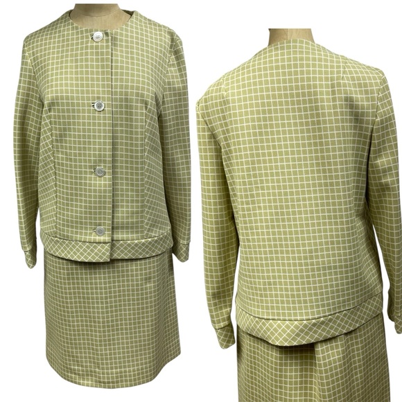 Vtg Malibu Knits Suit Windowpane Skirt Grid Green 13 60s Twee Granny Minimal